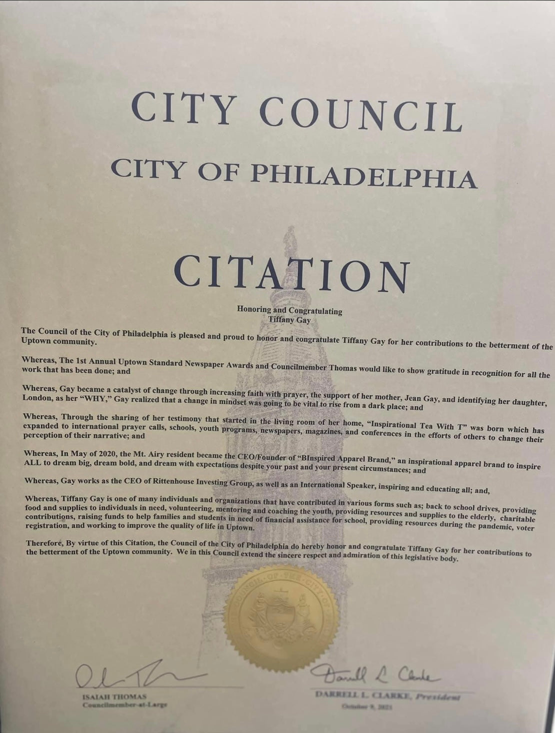 City Of Philadelphia Citation